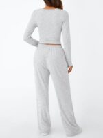 Trendy Queen Women's 2 Piece Matching Lounge Set Long Sleeve Side Ruching Top Wide Leg Drawstring Pants Set with Pockets - Image 4