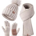 Winter Beanie Hat Scarf Gloves Set for Women, Womens Beanie with Pom Pom Long Scarf Neck Warmer Touchscreen Gloves 3 in 1 Set